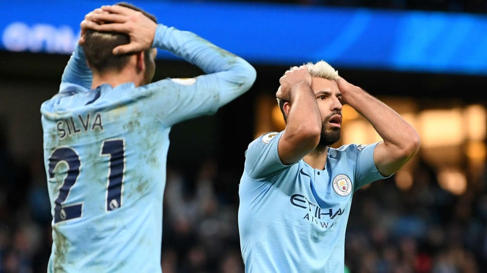 FRUSTRATION : Sergio Aguero and David Silva react as City come close to scoring the opener