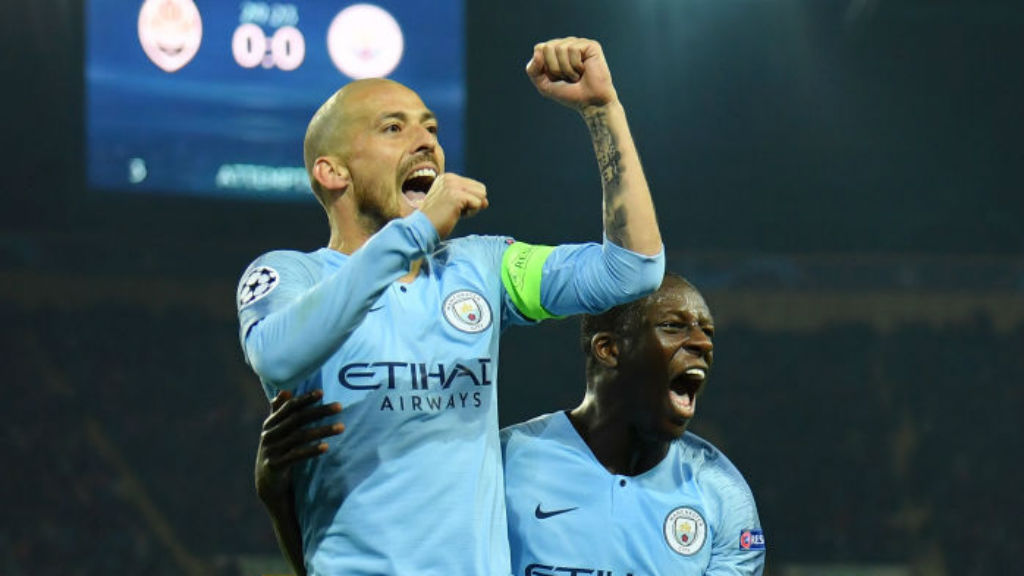 JUST CHAMPION: David Silva celebrates his stunning goal with Benjamin Mendy