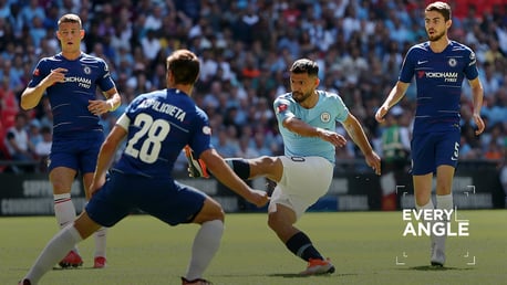 DOUBLE CENTURY: Sergio Aguero lashes home his 200th goal for City during our Community Shield win over Chelsea