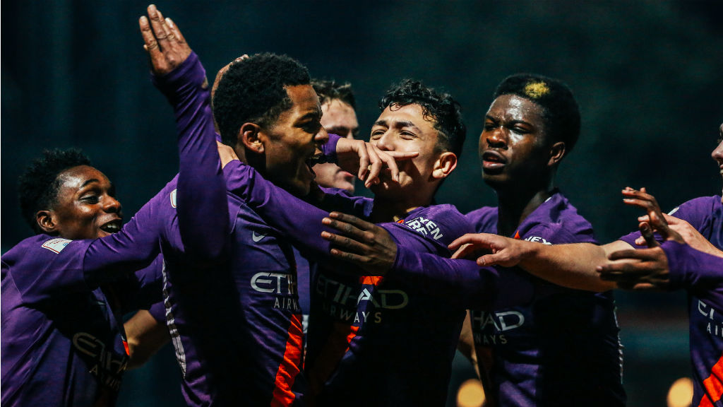 ALL SMILES: City's Under-21 players celebrate after Jayden Braaf's second goal during our 4-2 Checkatrade Trophy win at Rochdale