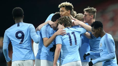 SQUAD: The young Blues celebrate after Felix Nmecha's opener.