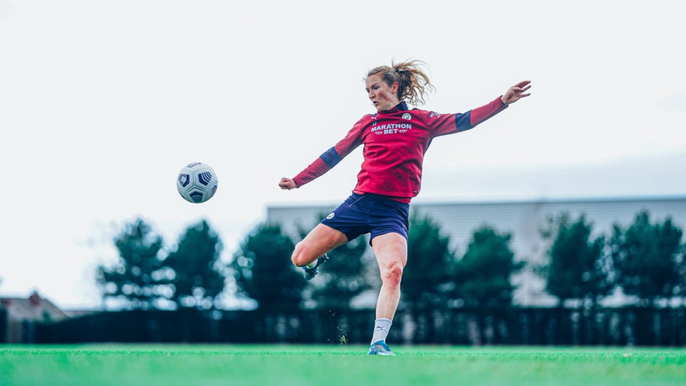 TARGET PRACTICE : Sam Mewis lines up a volley. We all know where that's ending up!