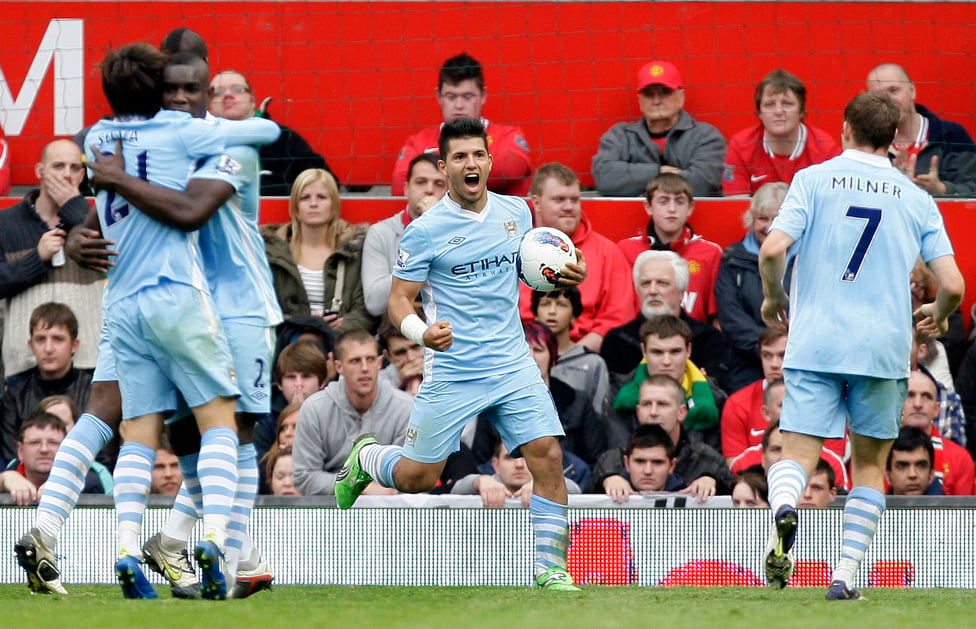 DERBY DELIGHT : Aguero scored on his Manchester derby debut in 2011