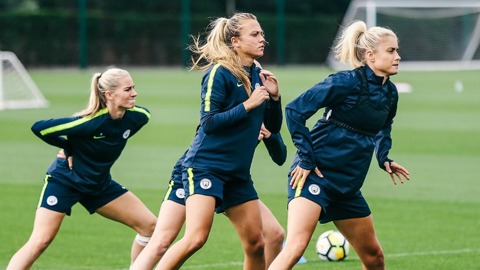 HOME STRETCH : Gemma Bonner, Claire Emslie and Steph Houghton prepare for action