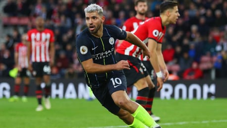 THREE CHEERS: Kun starts to celebrate after heading home our third goal