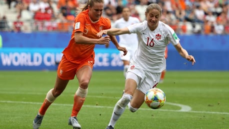 TUSSLE: Janine Beckie battles for the ball as Canada faced the Netherlands at the World Cup.