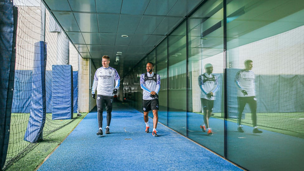 DYNAMIC DUO: Kevin De Bruyne and Raheem Sterling make their way onto the CFA pitch