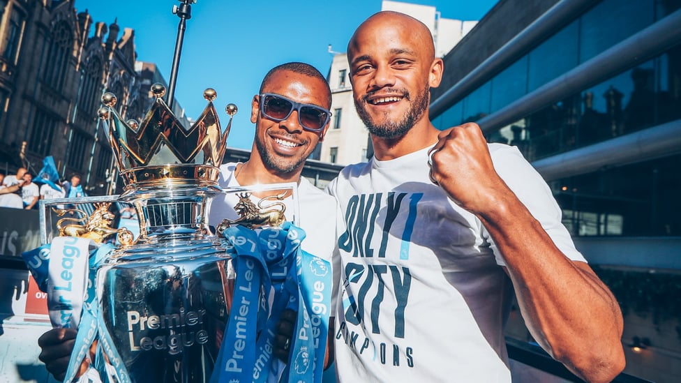 PARTY TIME: : Showing the 2017/18 Premier League trophy off to fans at the Champions parade.