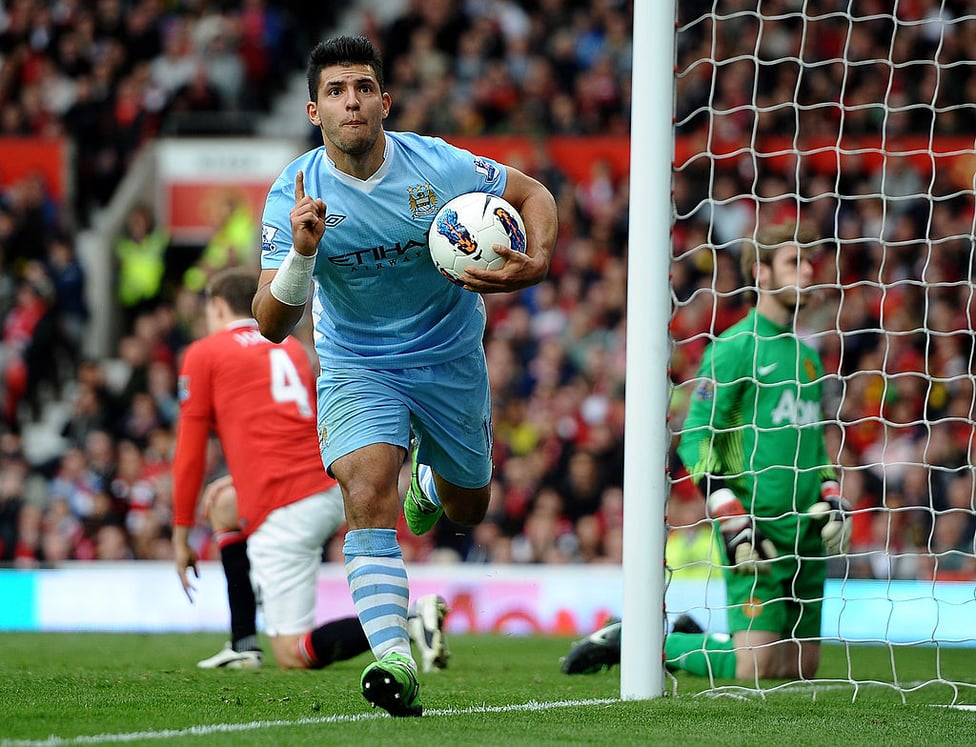 DERBY DAY : Celebrating his first Manchester derby goal in the 6-1 win over United.