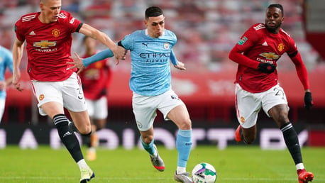 FLYING PHIL: Our midfielder races away from Scott McTominay and Aaron Wan-Bissaka