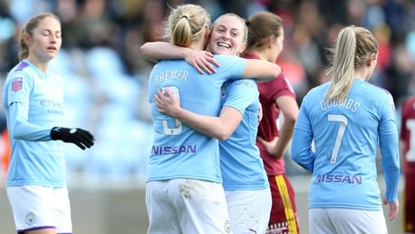 GOAL: Pauline Bremer celebrates with Keira Walsh against Ipswich Town.