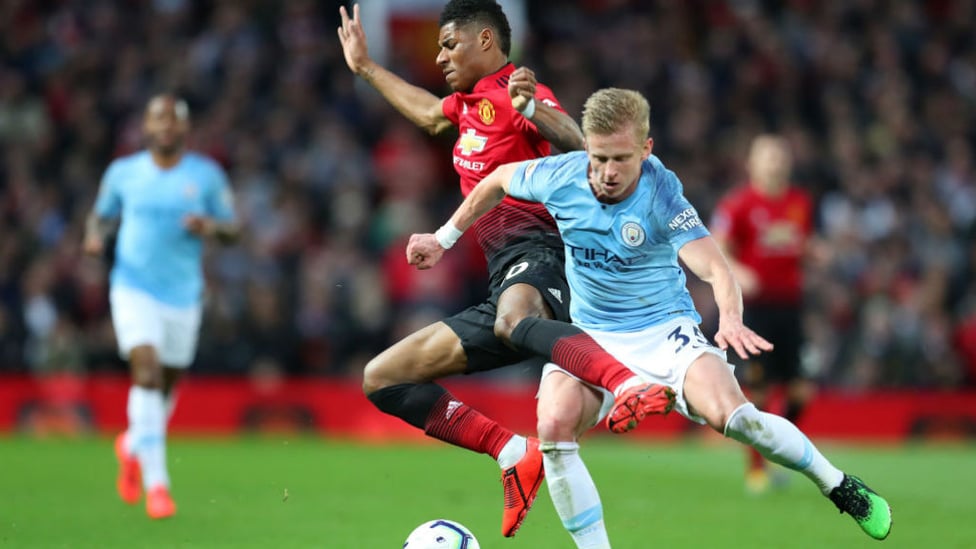 COLLISION COURSE : Oleks Zinchenko and Marcus Rashford are at full throttle