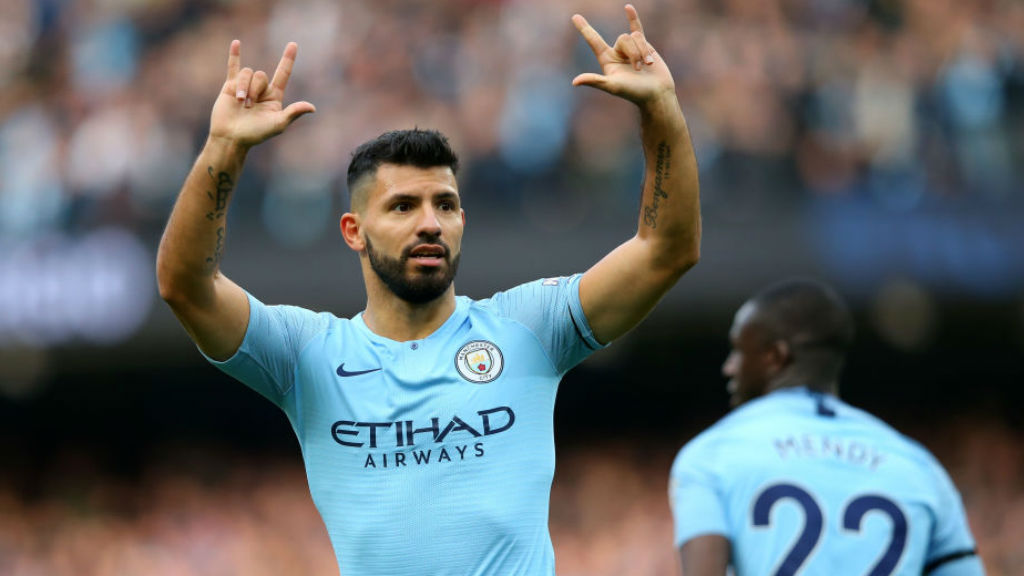 _Sergio Aguero celebrates after netting his  150th Premier League goal for the Blues