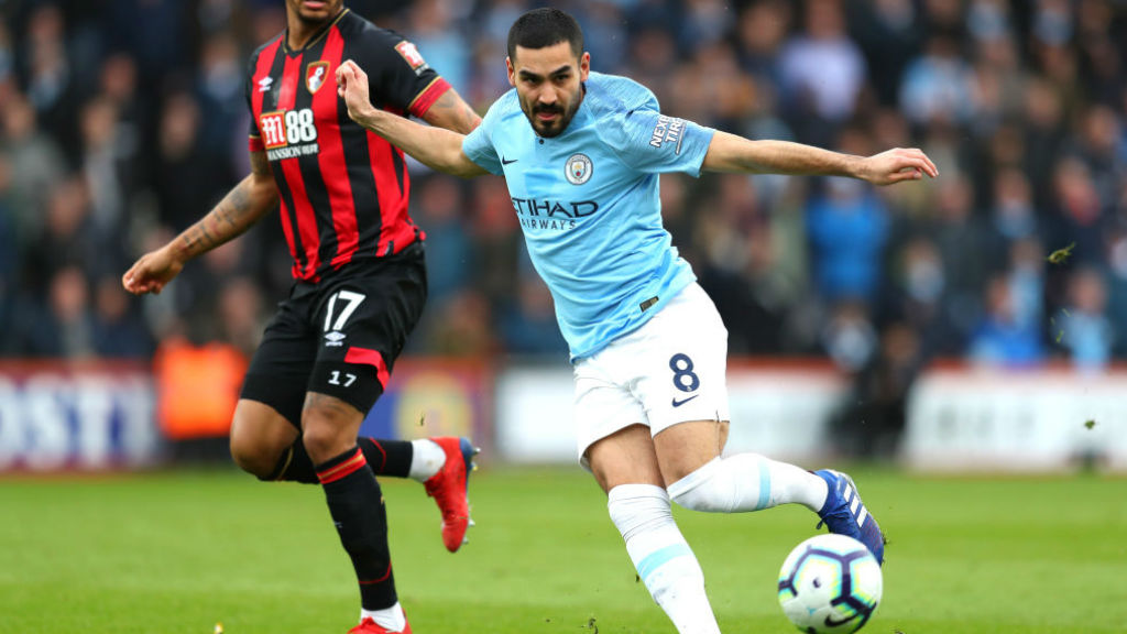 CENTURY MAN : Ilkay Gundogan in the thick of the action on his 100th appearance for the Blues