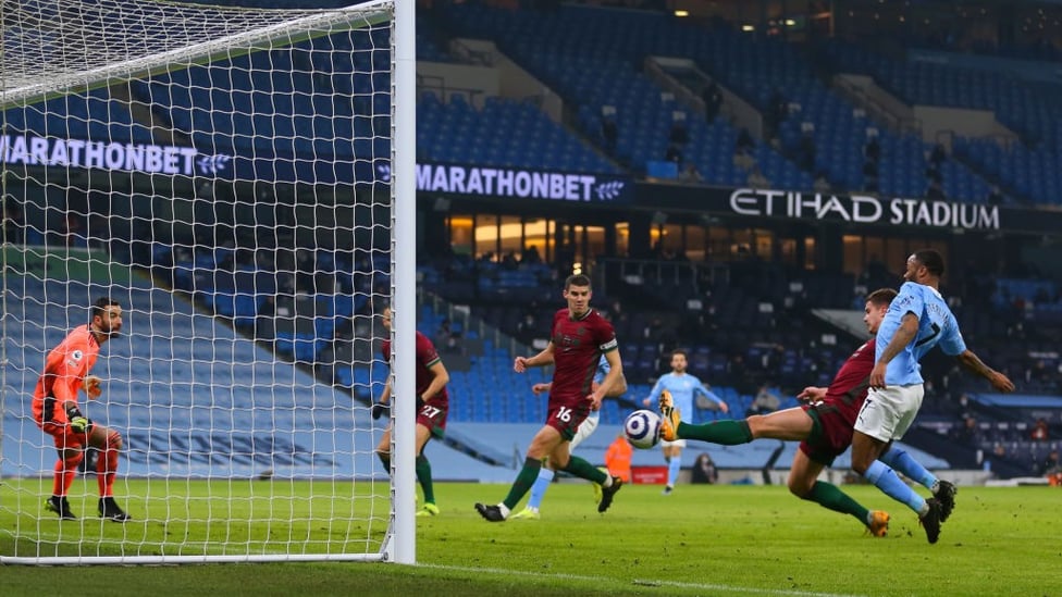 OPENER: Leander Dendoncker puts the ball into his own net under pressure from Raheem Sterling