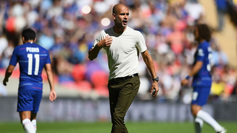 TALKING POINTS : Manager Pep Guardiola urges City on during Sunday's Community Shield clash with Chelsea