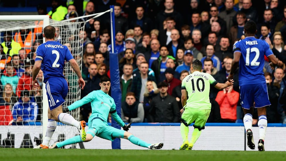 CAPITAL GAINS : Sergio strikes at Stamford Bridge on his way to a superb hat-trick in a 2016 league encounter away to Chelsea