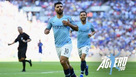 LANDMARK: Sergio Aguero celebrates after scoring his second goal in the 2-0 Community Shield win over Chelsea