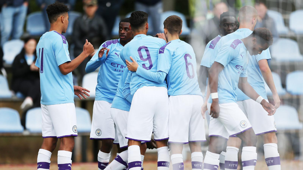 BOYS IN BLUE : City celebrate our opening goal away at Shakhtar