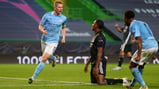 THE USUAL SUSPECTS: De Bruyne celebrates his equaliser with Raheem Sterling