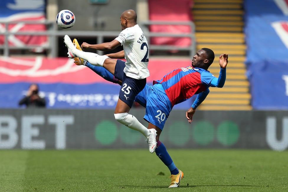 AIMING HIGH : Fernandinho and Christian Benteke on the stretch