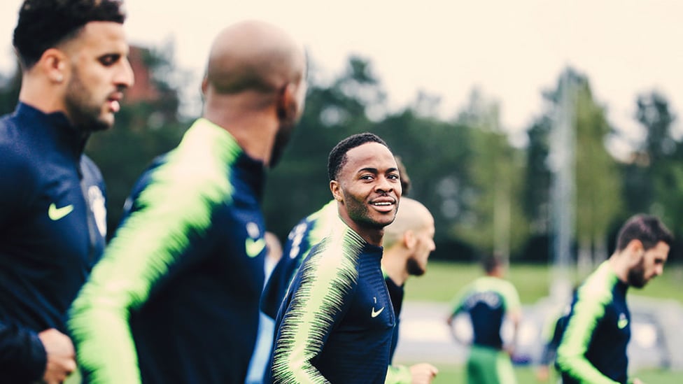 FRONT FOOTING : Raheem Sterling is put though his paces alongside Kyle Walker, Fabian Delph, David Silva and Bernardo Silva