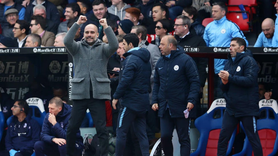 GLEEFUL GUARDIOLA : Pep celebrates City's opener.