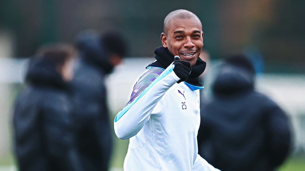 THUMBS UP : Fernandinho was in buoyant spirits in spite of the winter chill!