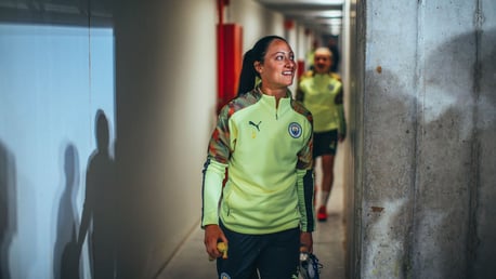 SHADOW PLAY: Megan Campbell strides out ahead of the session