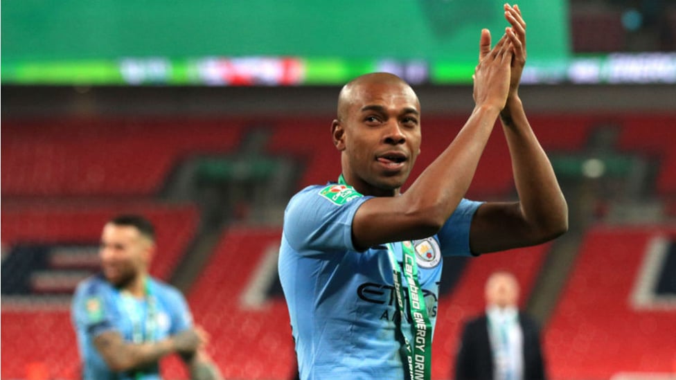 HAND IT TO CITY : Another Wembley final and another winners' medal for Fernandinho - this time after our 2019 Carabao Cup final victory against Chelsea