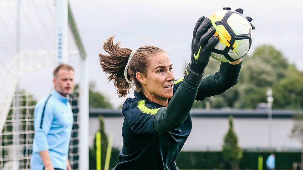 SAFE HANDS : Karen Bardsley in full flight