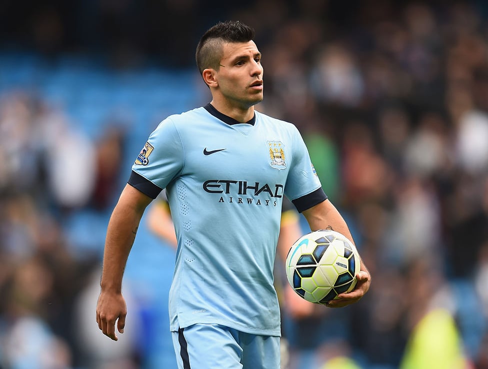 MY BALL : Taking home the match ball after scoring four goals in a 4-1 win over Tottenham Hotpsur, which saw him become City's highest scorer in the Premier League in October 2014. 