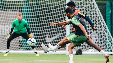 STRIKE: Riyad Mahrez tests Daniel Grimshaw with a curling effort