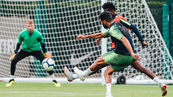 STRIKE: Riyad Mahrez tests Daniel Grimshaw with a curling effort