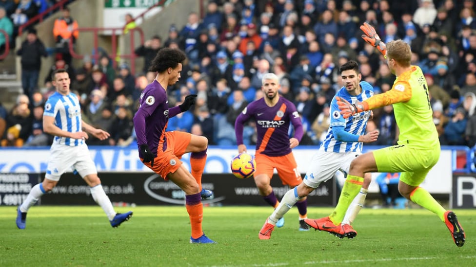 THREE CHEERS : Leroy Sane finishes off a superb move to register our third goal