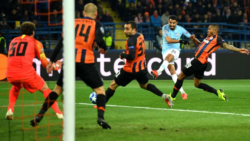 TAKE THAT : Riyad Mahrez powers in another shot on the Shakhtar goal