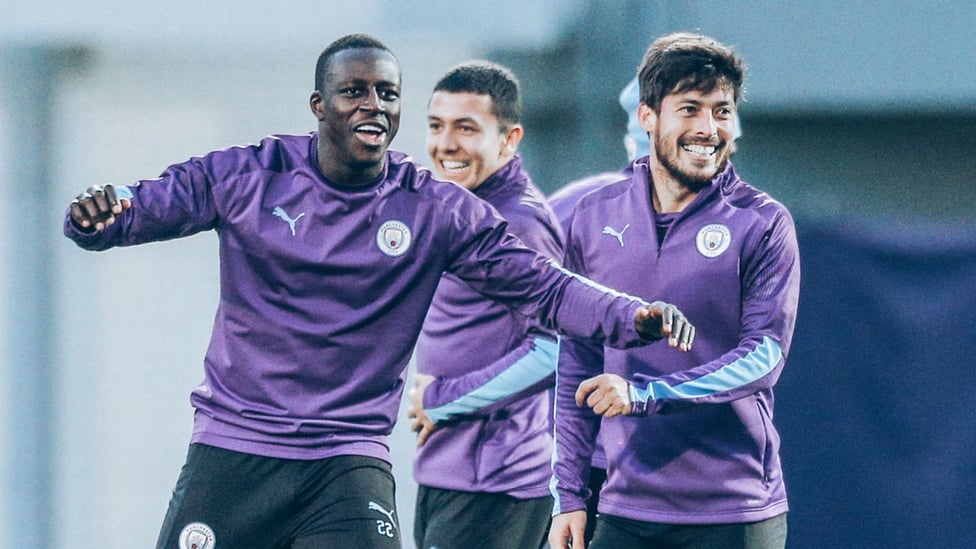 FUNNY FULL-BACK : Benjamin Mendy and David Silva share a joke