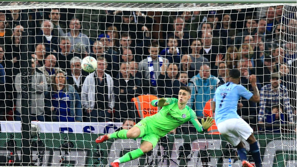 SPOT ON : Raheem Sterling converts the winning penalty to seal the Carabao Cup for City