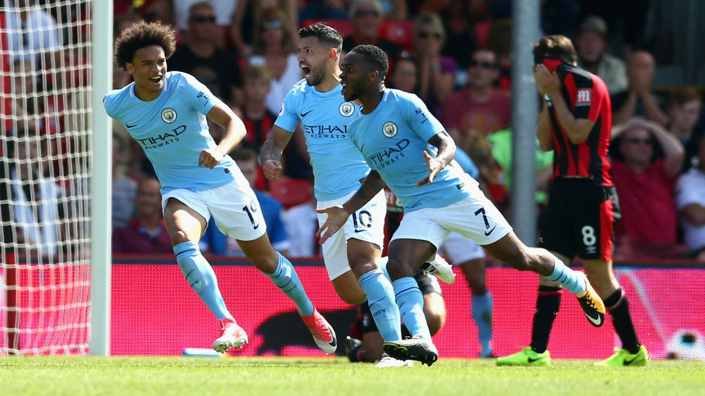 PURE JOY : Sterling rushes over to the travelling supporters as he snatches all three points in the final minute (at Bournemouth!)