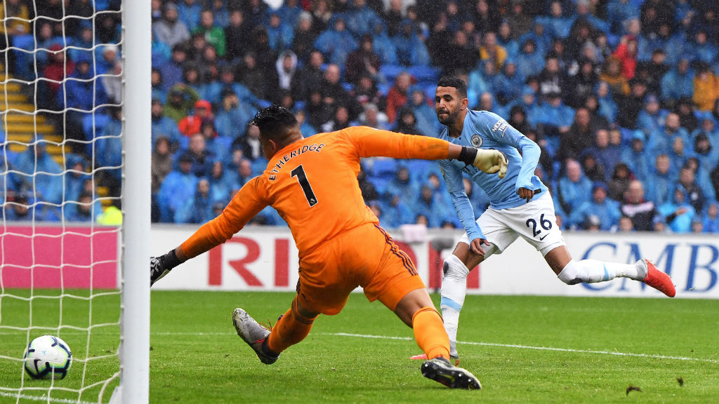 MAIDEN GOAL : Riyad Mahrez scores away to Cardiff