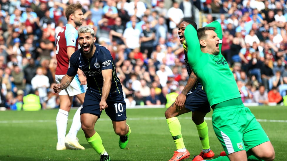 RELIEF : Sergio wheels away after scoring against Burnley.