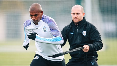 BRAZILIAN BLEND: Fernandinho powers through a fitness drill