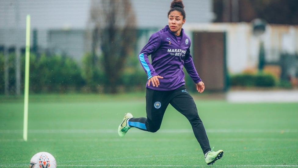 OFF TO A FLYER : Demi Stokes shows her rapid turn of speed during City's final training session ahead of the the trip to tackle Chelsea