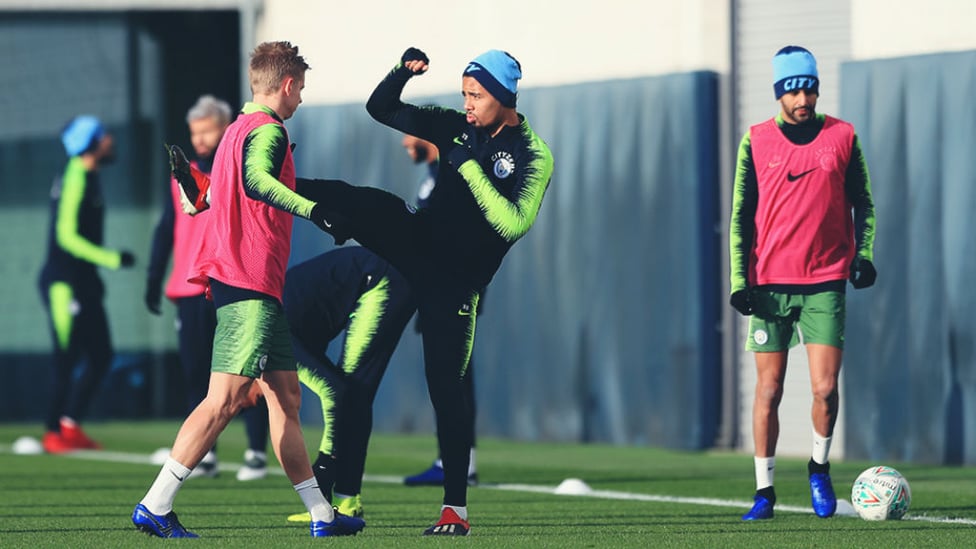 JUST FOR KICKS : Gabriel Jesus engages in some high jinks with Oleksandr Zinchenko