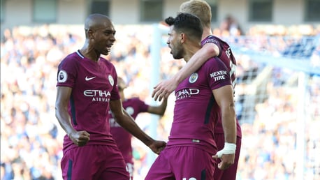 PUMPED UP: Fernandinho joins in the celebrations after Aguero put City 1-0 up at Brighton!