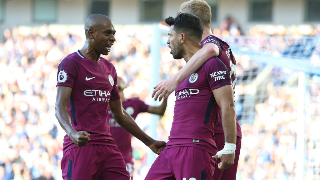 PUMPED UP: Fernandinho joins in the celebrations after Aguero put City 1-0 up at Brighton!