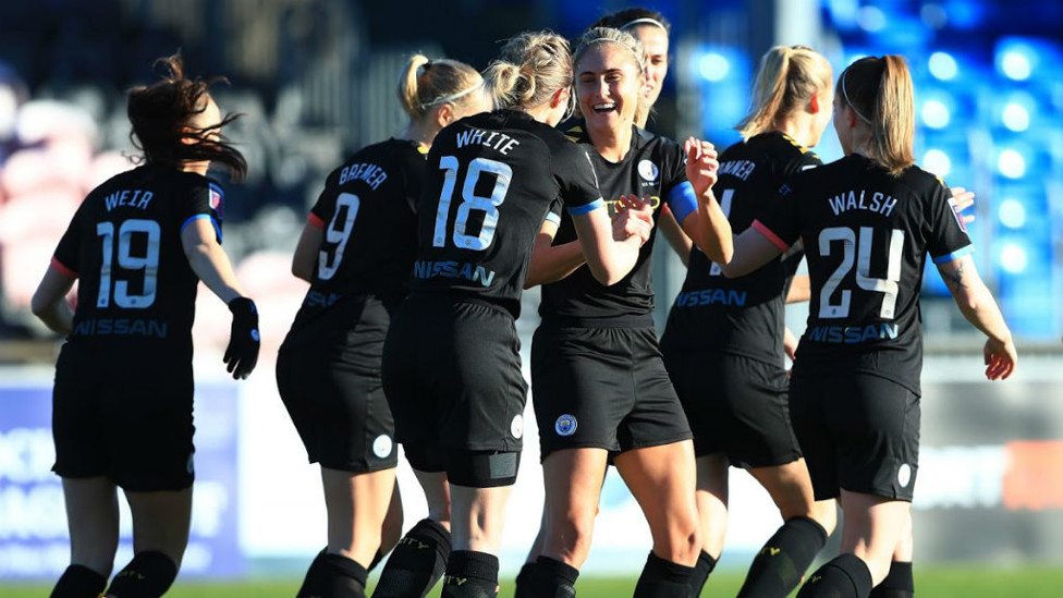 CELEBRATION TIME : The City players congratulate Ellen White after her quickfire goal