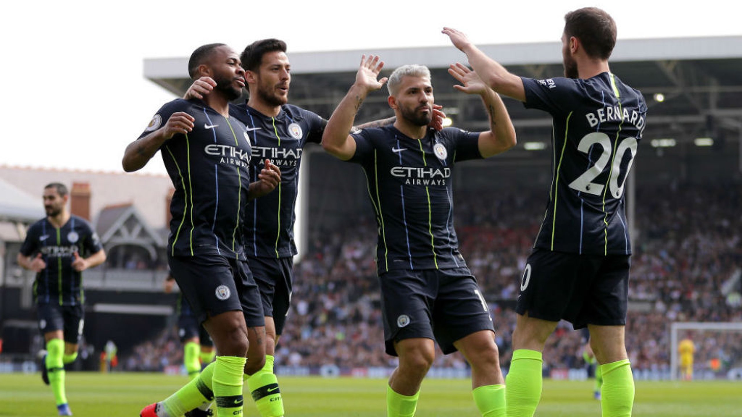 JUST CAPITAL: The City players celebrate after Bernardo's brilliant opener