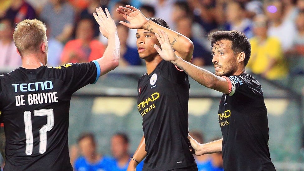 LEADING BY EXAMPLE : David Silva celebrates his opener with Leroy Sane and Kevin De Bruyne