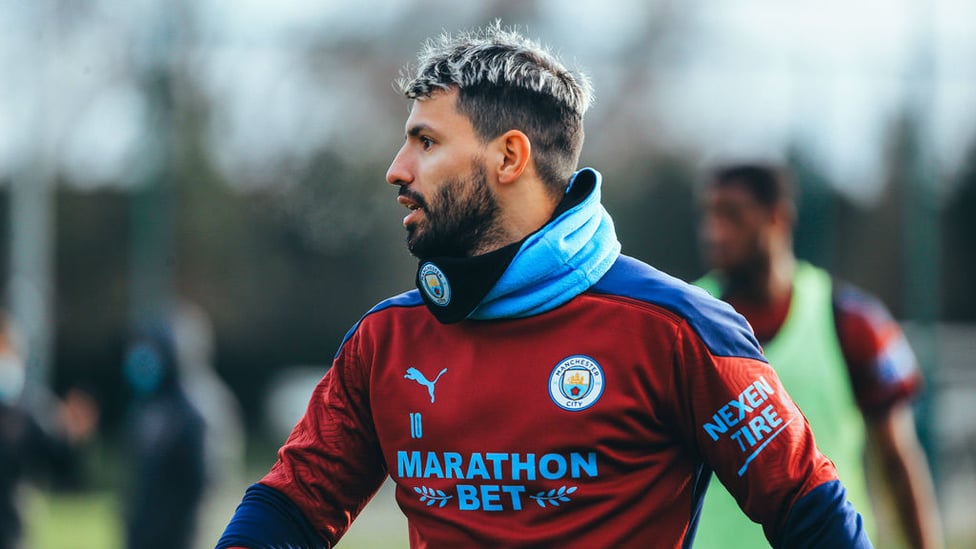 FORWARD MARCH: Sergio Aguero was in the thick of things during Monday's session